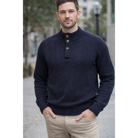 Carnoustie Other - Carneoustie Baby Alpaca Sweater Men's L Black Cable Knit Button Neck Peru